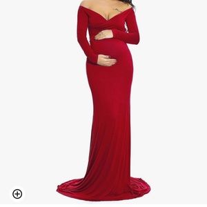 Red off the shoulder maternity dress for photos